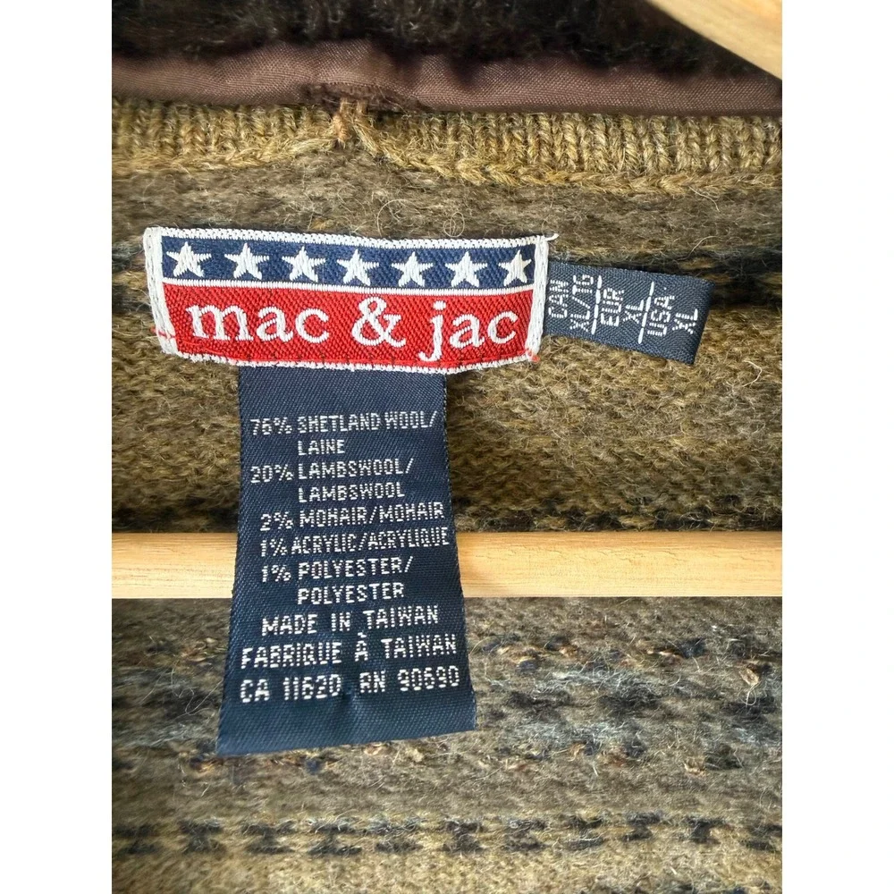 Mac & Jac Mens XL Shetland Wool Mohair Fair Isle Cardigan Faux Fur Collar Olive